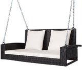 Tangkula 2-Person Wicker Hanging Porch Swing, Patiojoy Outdoor Rattan Swing Bench W/ 2 Back Cushions & 1 Seat Cushion, Sturdy Steel Chain