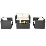 Patio Rattan Conversation Furniture Set, Outdoor Wicker Sofa Set with Padded Cushion & Tempered Glass Coffee Table