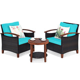 3 Pieces Patio Furniture Set, Outdoor Rattan Sofa and Side Table w/Solid Acacia Wood Frame