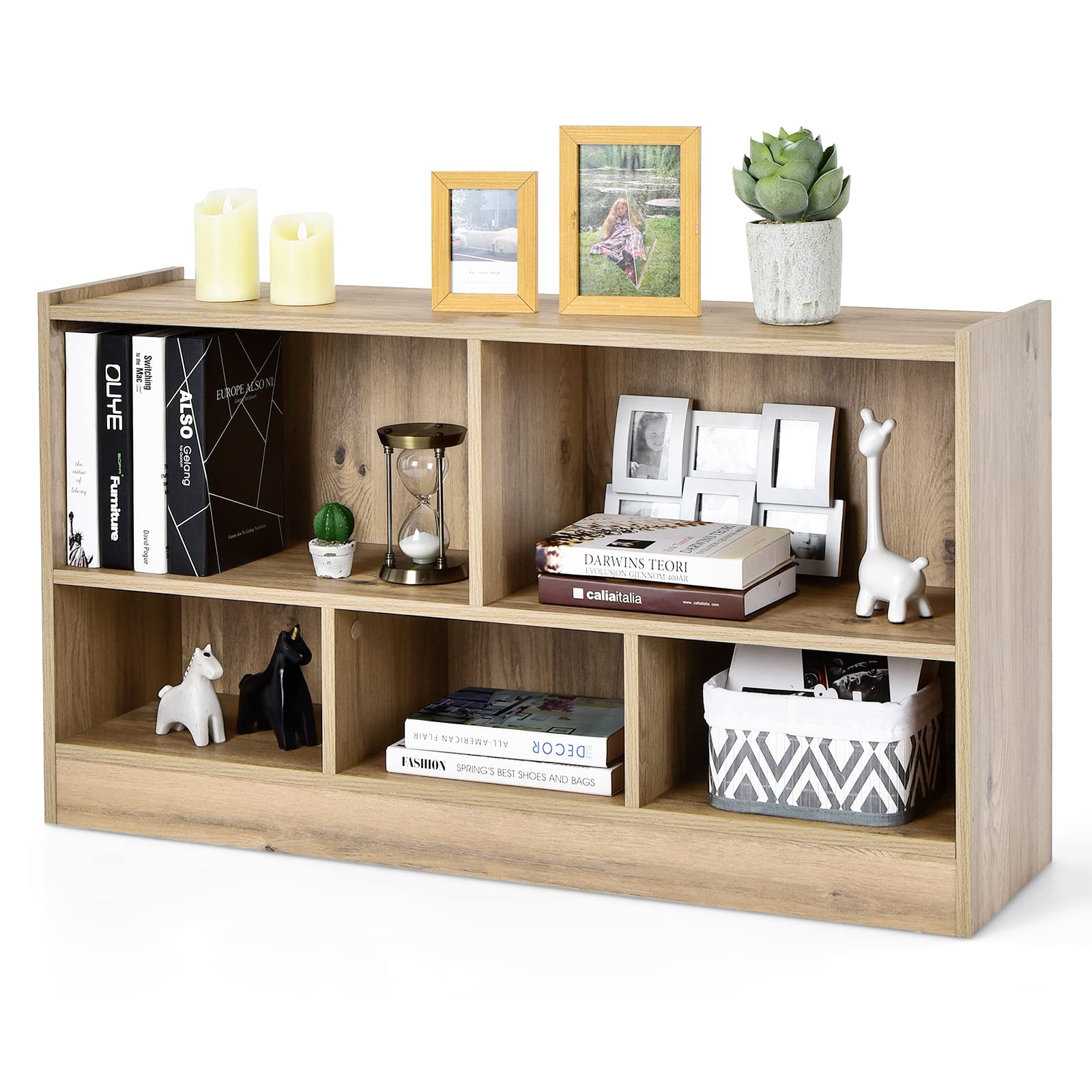 Tangkula Wood Storage Cube Bookcase, 2 Tier 5 Cube Open Shelf Storage Cabinet, Multipurpose Bookshelf