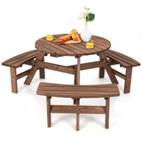 Tangkula 6 Person Cedar Wood Picnic Table, Outdoor Round Picnic Table with 3 Built-in Benches, Umbrella Hole, Outside Table and Bench Set