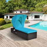 Outdoor Chaise Lounge Chair with Folding Canopy, Adjustable Cushioned Reclining Chair with Flip-up Tea Table