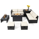 Tangkula 9 Pieces Outdoor Wicker Sectional Sofa with 42" 60,000 BTU Gas Fire Pit Table