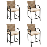 Tangkula Patio Rattan Bar Stools Set of 4, Outdoor Wicker Bar Height Chairs