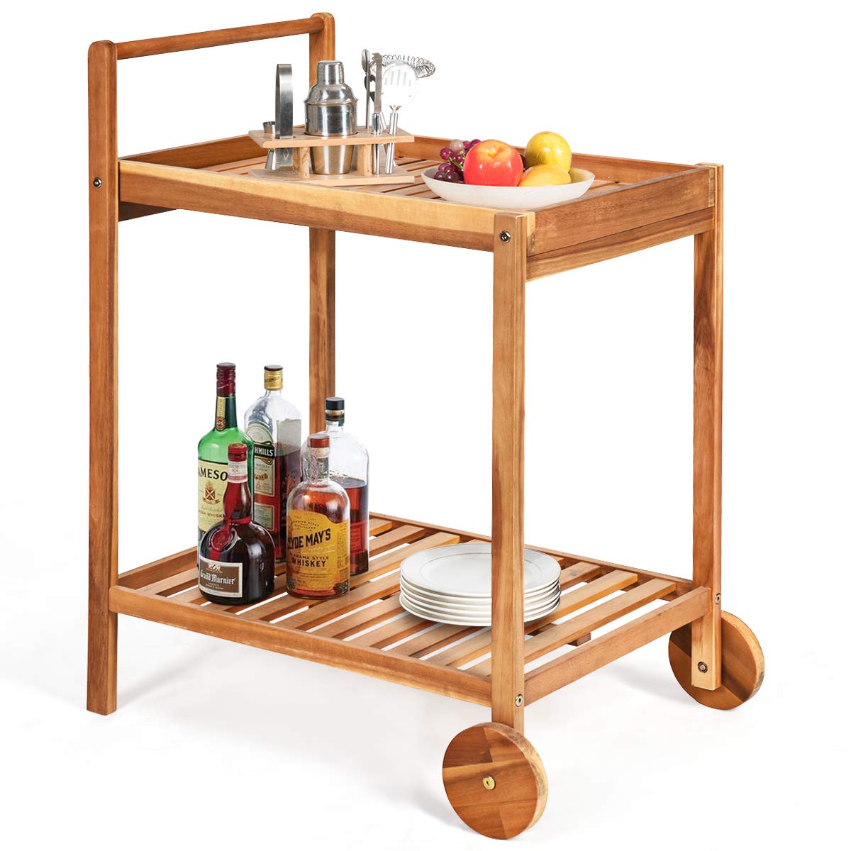 Patio Bar Cart Rolling Trolley Cart with 2 Trays, Portable Kitchen Serving Cart w/Wheels - tANGKULA