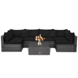 Tangkula 7 Piece Patio Wicker Furniture Set, Sofa Set for 6 with Seat, 2 Throw Pillows