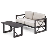 2 Pieces Outdoor Loveseat and Coffee Table Set, 2-Person Cushioned Outdoor Sofa Bench