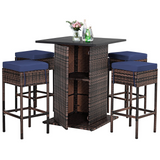 Tangkula 5 Piece Outdoor Rattan Bar Set, Patio Bar Furniture with 4 Cushions Stools and Smooth Top Table