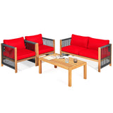 Outdoor Wood Furniture Set, Acacia Wood Frame Loveseat Sofa, 2 Single Chairs and Coffee Table