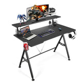 Gaming Desk, Ergonomic Computer Desk w/Monitor Shelf, Game Handle Rack, Cup Holder