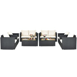 Patio Rattan Conversation Furniture Set, Outdoor Wicker Sofa Set with Padded Cushion & Tempered Glass Coffee Table