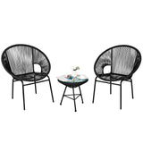 3 Piece Outdoor Patio Furniture Set, Acapulco Chair Set w/Plastic Rope, Tempered Glass Table