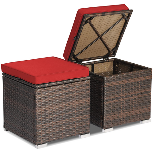 Tangkula 2 Pieces Patio Ottomans, Patiojoy Hand-Woven PE Rattan Side Table with Removable Cushion & Hidden Storage Space