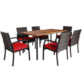 Tangkula 7 Pieces Patio Dining Set, Acacia Wood Wicker Dining Furniture Set with Sturdy Steel Frame & Umbrella Hole