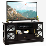 Tangkula Wood TV Stand with 2 Glass Door Cabinets, Media Console with Drawer & 2-Tier Adjustable Shelves