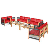 Outdoor Wood Furniture Set, Acacia Wood Frame Loveseat Sofa, 2 Single Chairs and Coffee Table