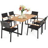 Tangkula 7PCS Outdoor Dining Set, Patio Dining Furniture Set w/Large Rectangle Acacia Wood Table Top