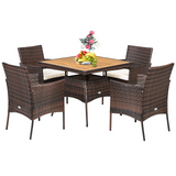 Tangkula 5 Pieces Wicker Patio Dining Set, Outdoor Acacia Wood Dining Furniture with 4 Armrest Chairs & 1 Dining Table