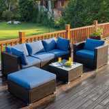 6 Pieces Patio Rattan Sectional Furniture Set, Outdoor Wicker Conversation Set with Glass Coffee Table Sofa Ottoman