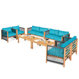 Outdoor Wood Furniture Set, Acacia Wood Frame Loveseat Sofa, 2 Single Chairs and Coffee Table