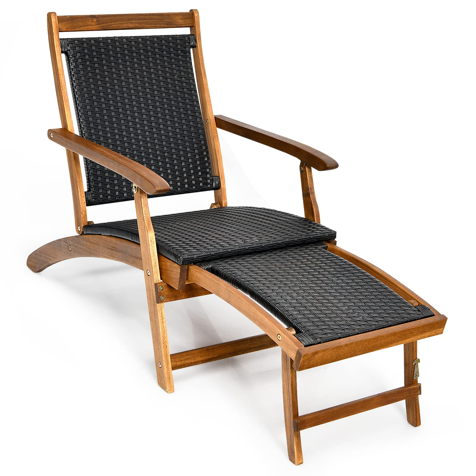 Tangkula Acacia Wood Folding Chaise Lounge Chair, Patiojoy Outdoor Foldable Deck Chair