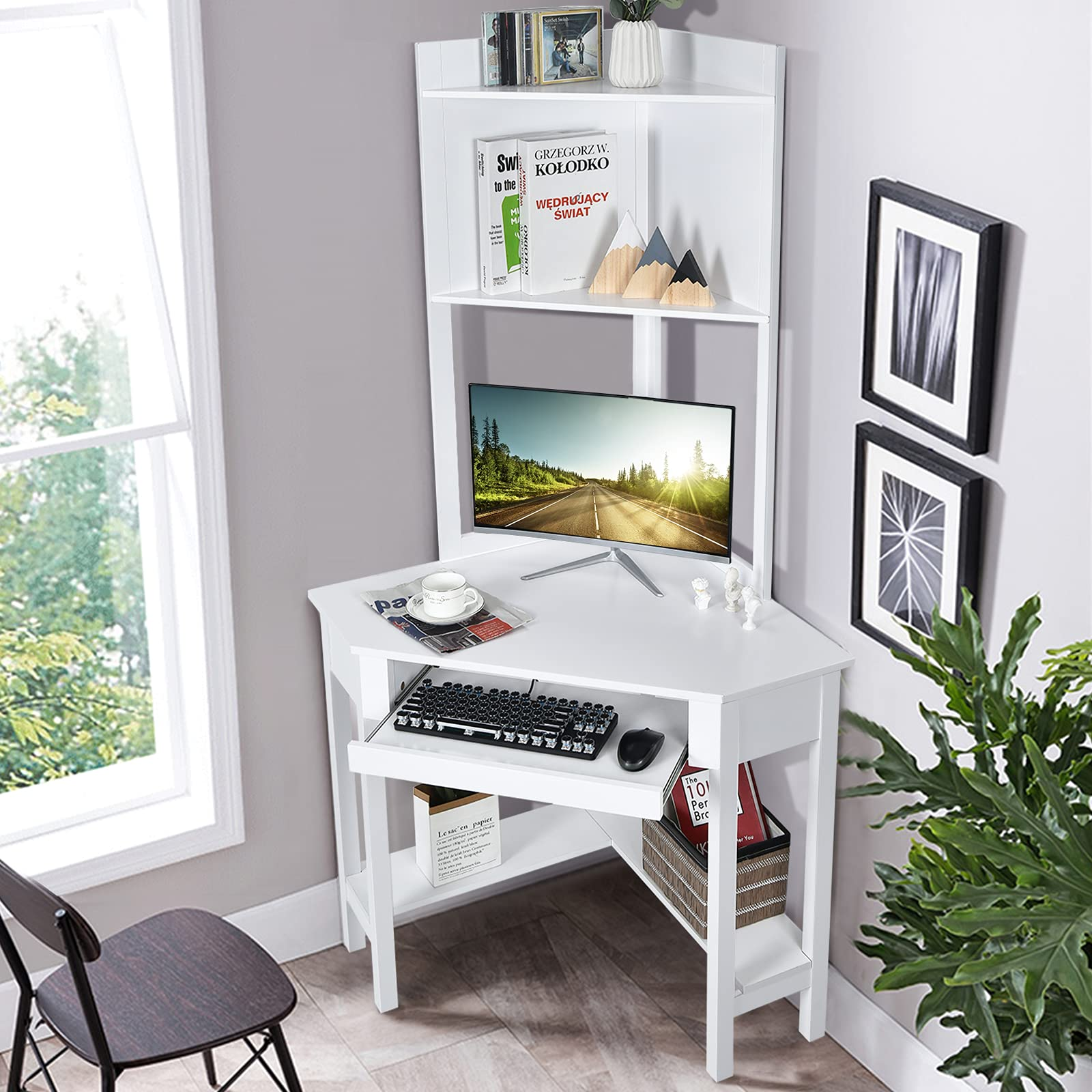 White Corner Desk with Hutch - Tangkula