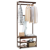 Tangkula 5 in 1 Industrial Hall Tree, Bamboo Coat Rack Shoe Bench with 10 Hanging Hooks and 2-Tier Shoe Shelves