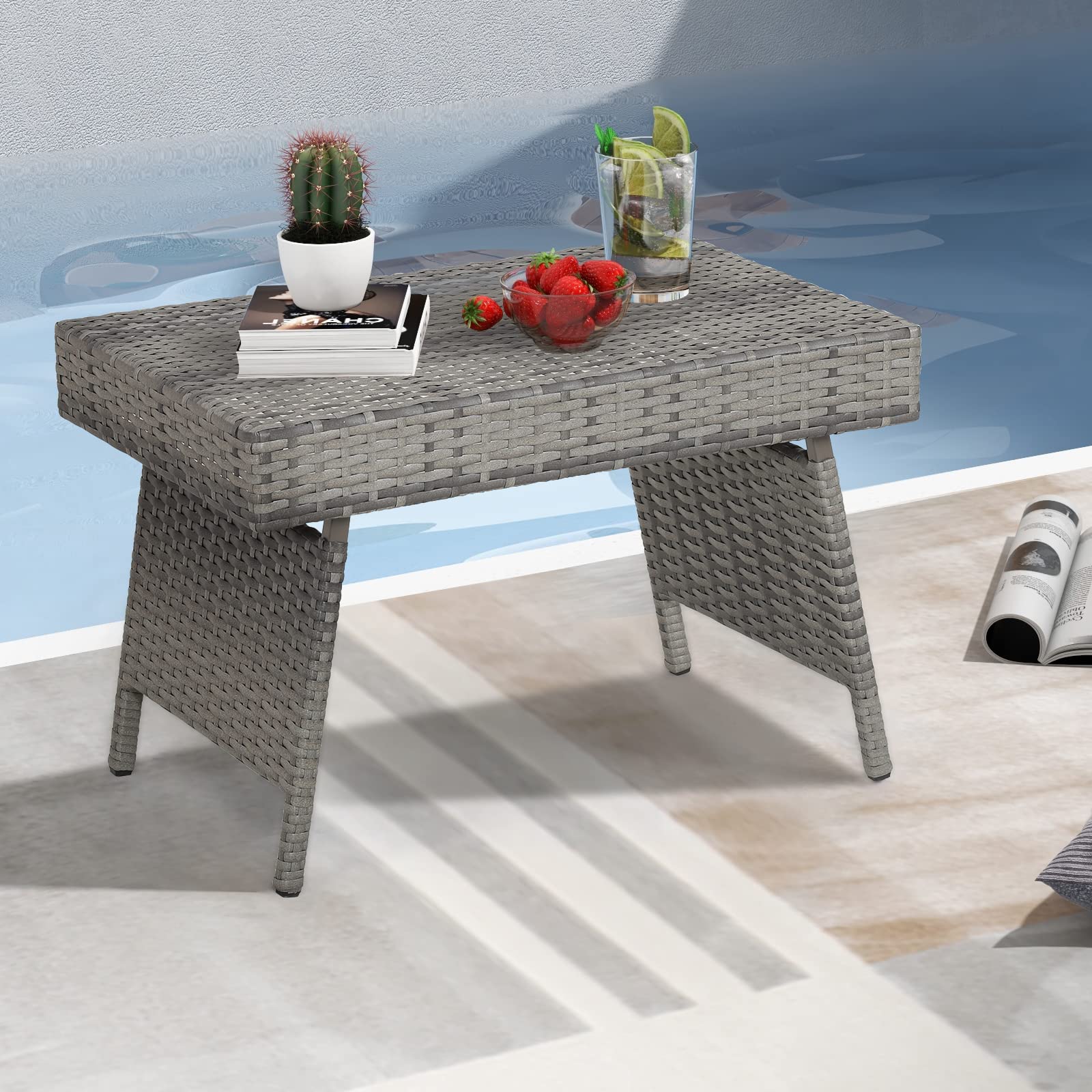 Outdoor Folding Rattan Side Table, Grey - Tangkula