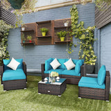 6 Pieces Patio Rattan Sectional Furniture Set, Outdoor Wicker Conversation Set with Glass Coffee Table Sofa Ottoman
