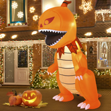 Tangkula 8 FT Halloween Inflatables Pumpkin Head Dinosaur, Large Blow Up Halloween Dinosaur with LED Lights & 4 Stakes