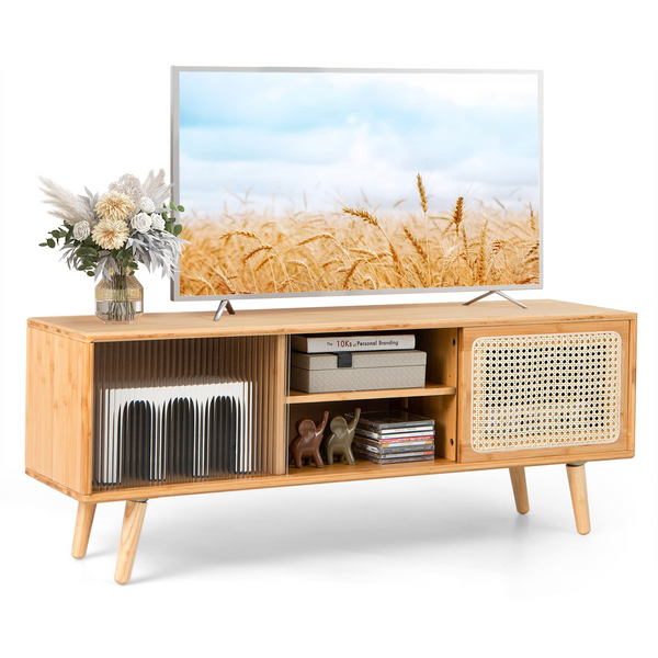 Tangkula Mid Century Modern TV Stand for TVs up to 55 Inch, Bamboo