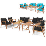 4/8PCS Patio Wood Sofa Set, Outdoor Acacia Wood Seating Chat Set with Cushions & Coffee Table