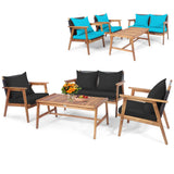 4/8PCS Patio Wood Sofa Set, Outdoor Acacia Wood Seating Chat Set with Cushions & Coffee Table