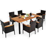 Tangkula 7 Pieces Patio Dining Set, Patiojoy Outdoor Conversation Set w/Acacia Wood Top Table & 6 Stackable Rattan Chairs