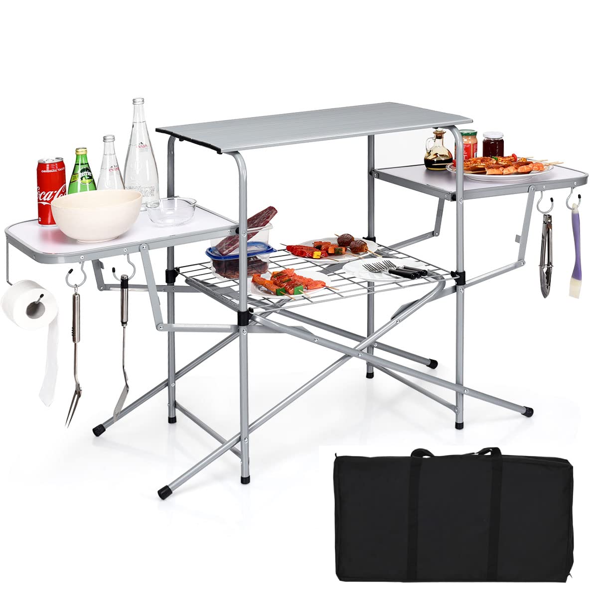 Folding Grill Table, Aluminum Camping Kitchen Table with Cook Station,