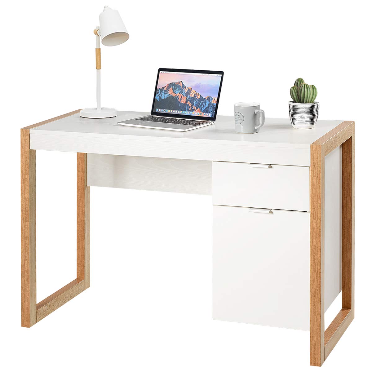 White Computer Desk with Drawer & Cabinet, Wooden Home Office Desk