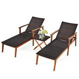 Tangkula 3 Pieces Outdoor Chaise Set, Wicker Rattan Lounge Chair w/Acacia Wood Frame & 4 Adjustable Positions