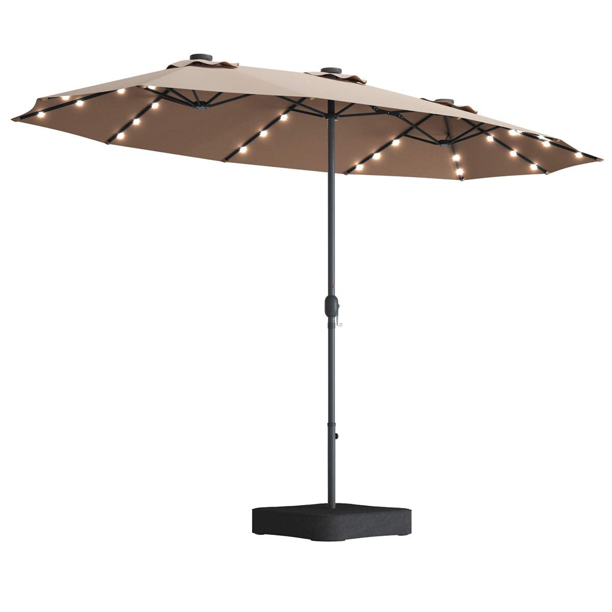 15 foot patio umbrella with base Tangkula 15 ft Solar LED Patio Double-Sided Umbrella with Base, Tan