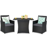 3 Pieces Patio Dining Set, Space-Saving PE Rattan Bistro Set with Tempered Glass Top Table and Cushioned Chairs