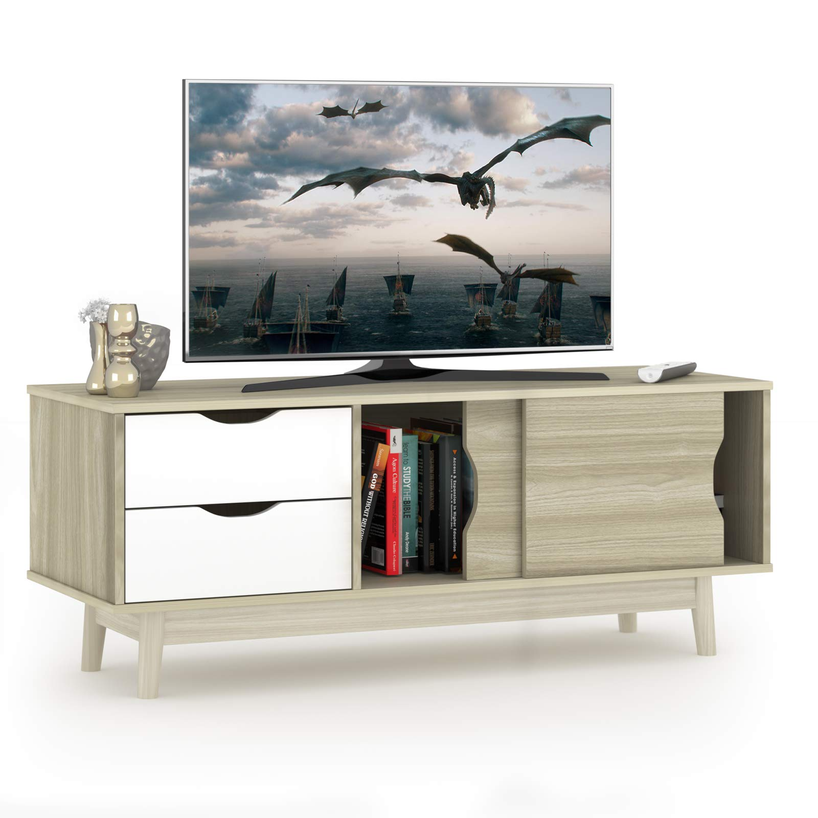 Tangkula Modern TV Stand for Flat TVs Up to 60 Inches, Wood TV Console Table w/ 2 Drawers & 2 Sliding Doors