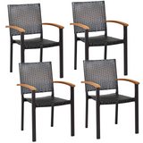 Tangkula 2 Pieces Stackable Patio Rattan Chair, Outdoor PE Wicker Dining Armchair W/Galvanized Steel Frame, Acacia-Topped Armrests