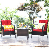 Tangkula 3 Piece Patio Furniture Set, 2 Wicker Chairs with Glass Top Coffee Table