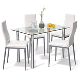 Tangkula 5 PCS Dining Table Set Modern Tempered Glass Top and PVC Leather Chair
