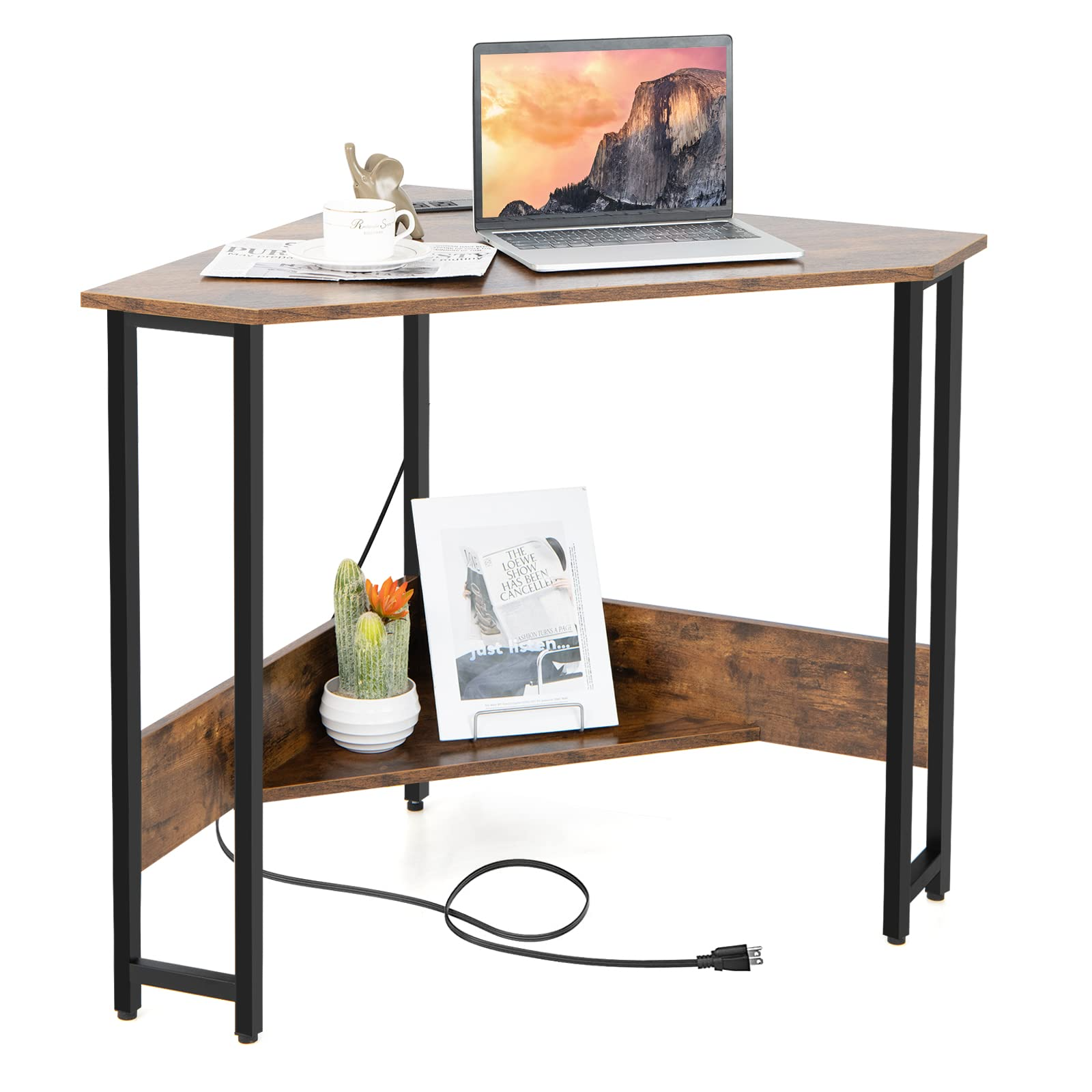 Tangkula Corner Desk with Power Outlet & USB Ports, Triangle Computer ...