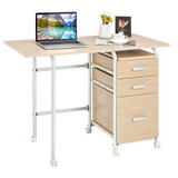 Tangkula Folding Computer Desk with 3 Storage Drawers, Mobile Home Office Desk Study Writing Desk