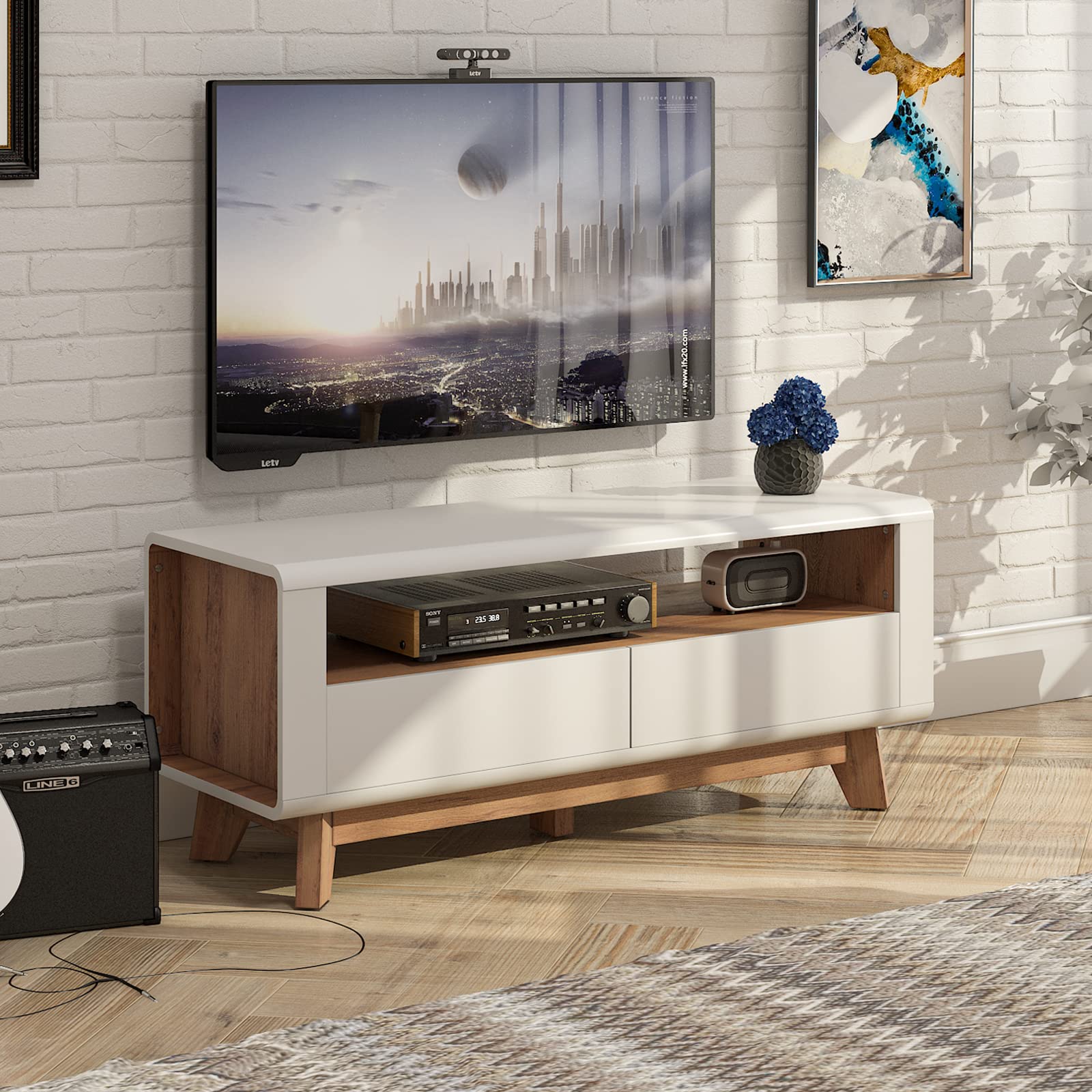 Tangkula Modern TV Stand with Drawers, Wood Entertainment Center for TVs up to 50 Inch