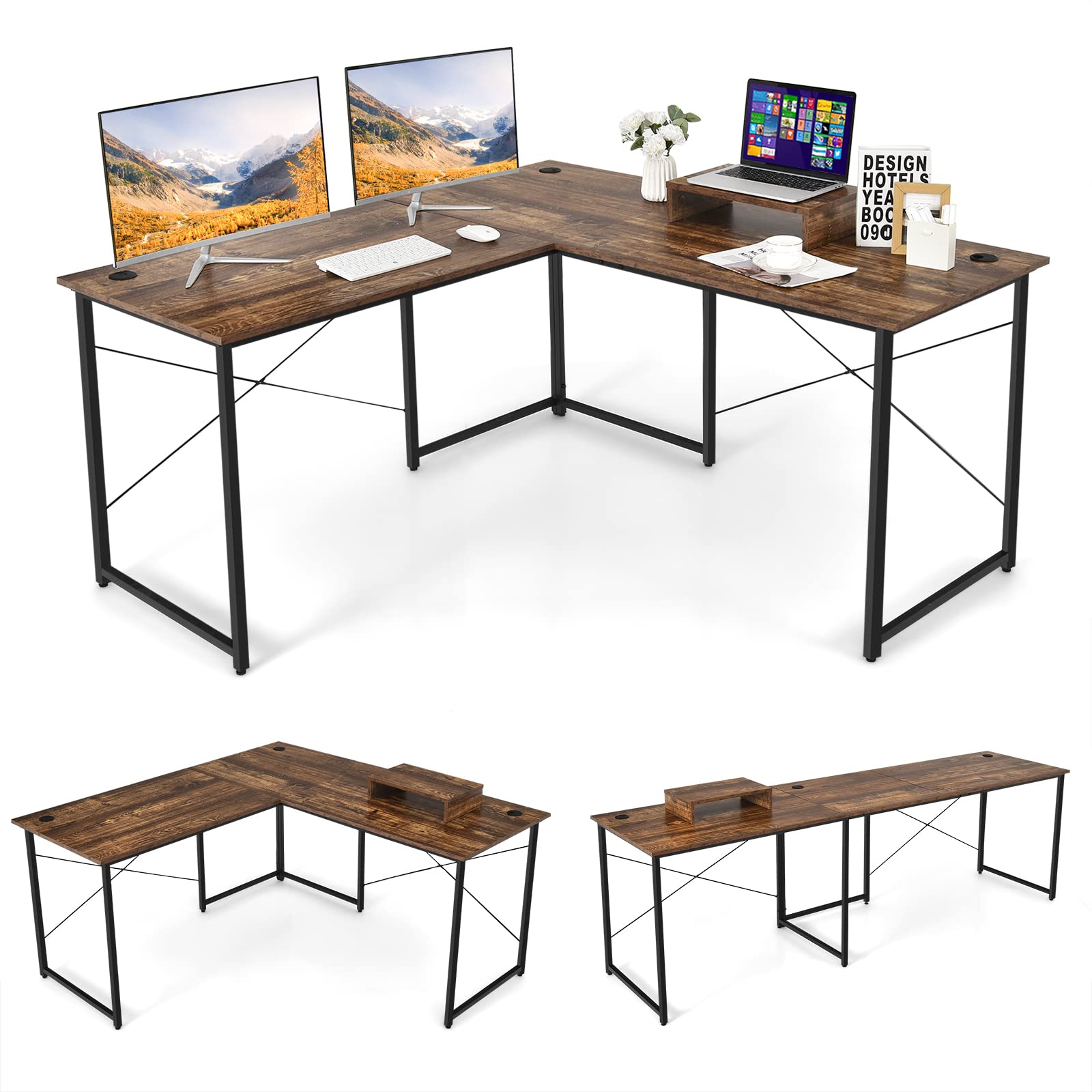 95 Inch Reversible Corner Desk with Monitor Stand - Tangkula