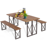 Tangkula 3 Piece Picnic Table Bench Set, Outdoor Acacia Wood Picnic Table with 2 Benches