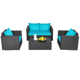 Patio Rattan Conversation Furniture Set, Outdoor Wicker Sofa Set with Padded Cushion & Tempered Glass Coffee Table