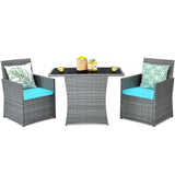 3 Pieces Patio Dining Set, Patiojoy Space-Saving PE Rattan Bistro Set with Tempered Glass Top Table and Cushioned Chairs